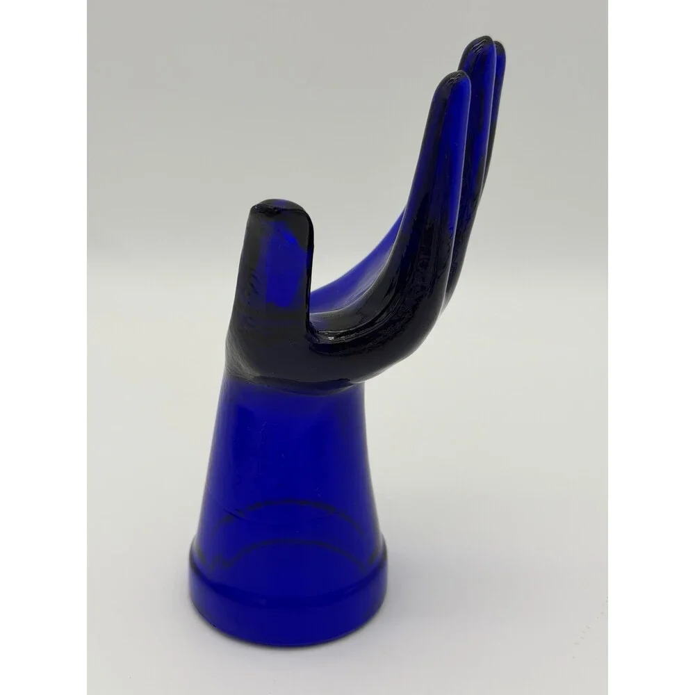 Cobalt Blue Art Glass Ring Holder Jewelry Display Hand 7.5”vintage MCM